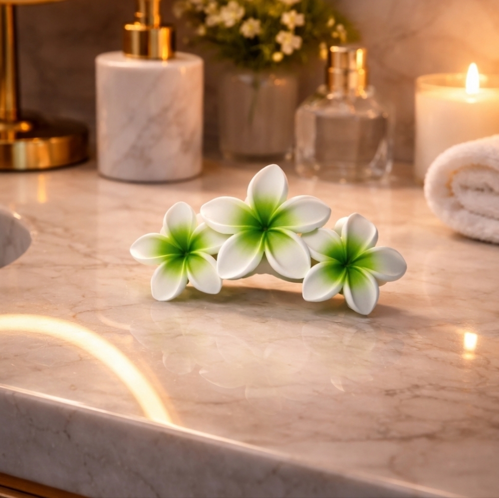 Green Floral Hair Clip - Three Plumeria Flowers - Picture 2 of 2